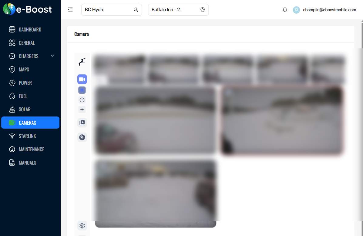 Cameras page showing Frigate NVR dashboard with 3 camera views and recent detection events