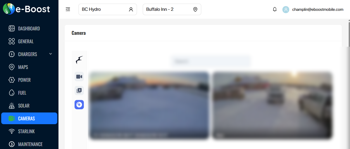 Cameras Export page showing saved video clips with search bar
