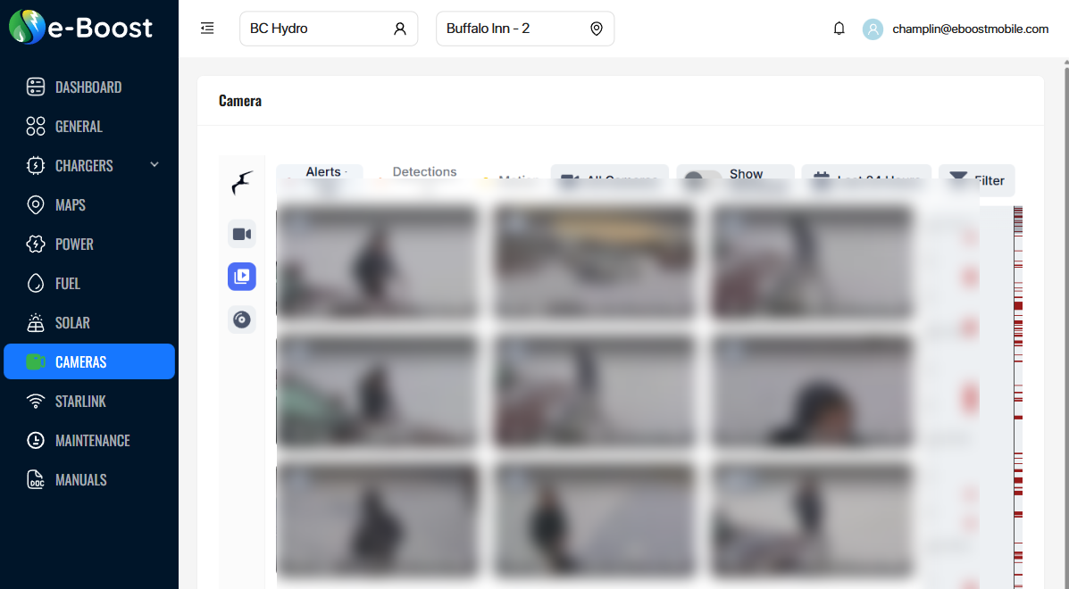Cameras Review tab showing Alerts with person detections and timeline