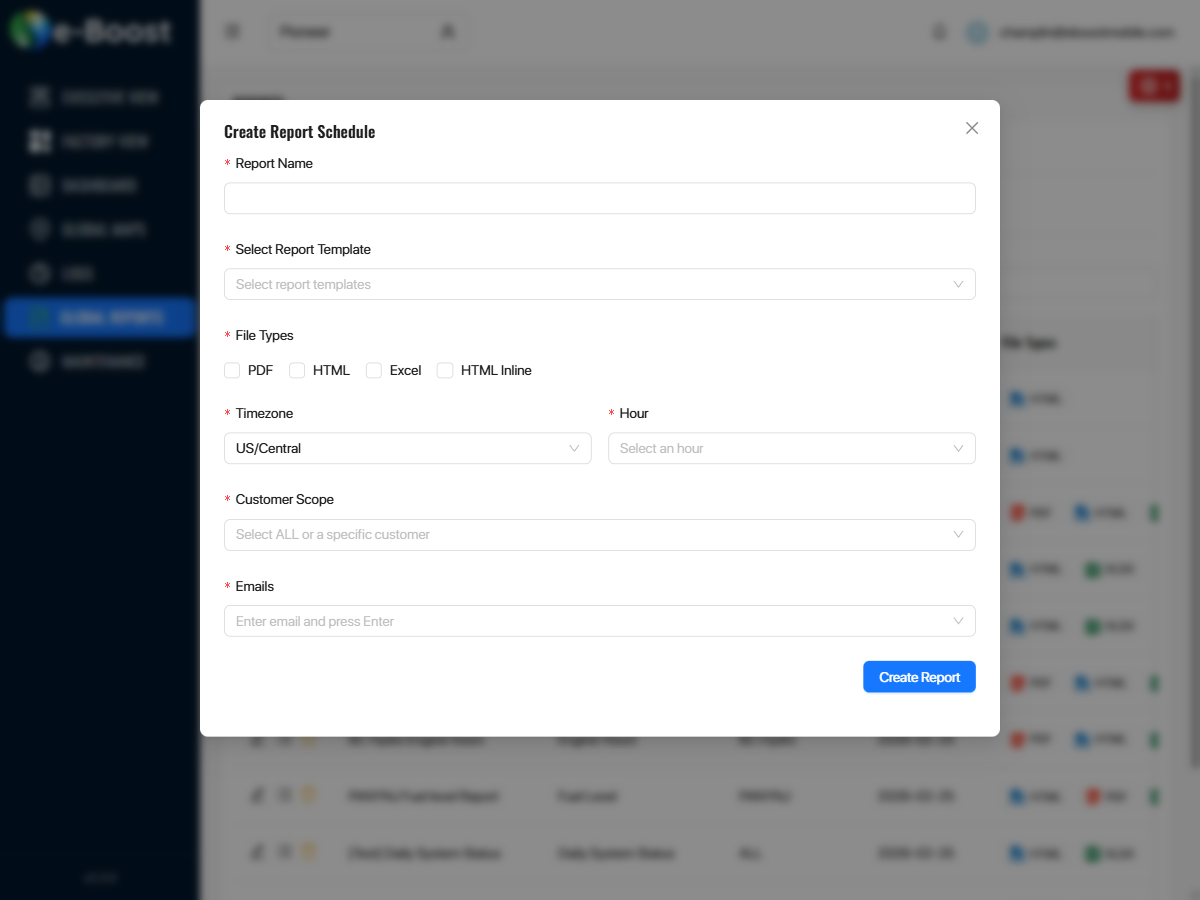 Create Report Schedule dialog for Periodic Reports showing Report Name, Report Template, File Types, Timezone, Hour, Customer Scope, and Emails fields