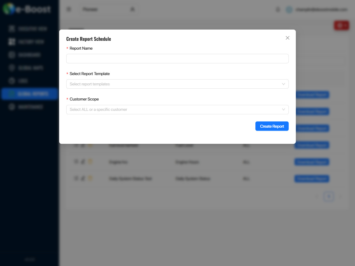 Create Report Schedule dialog for Single Reports showing Report Name, Select Report Template, and Customer Scope fields
