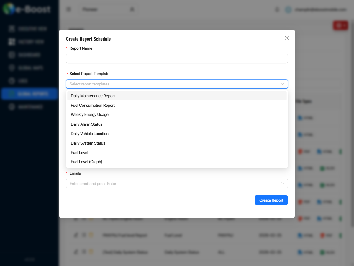 Report template dropdown showing all 10 available report types