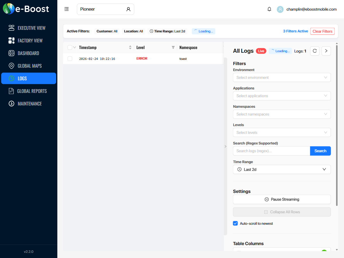 Logs page showing log table with timestamp, level, namespace columns and filter sidebar