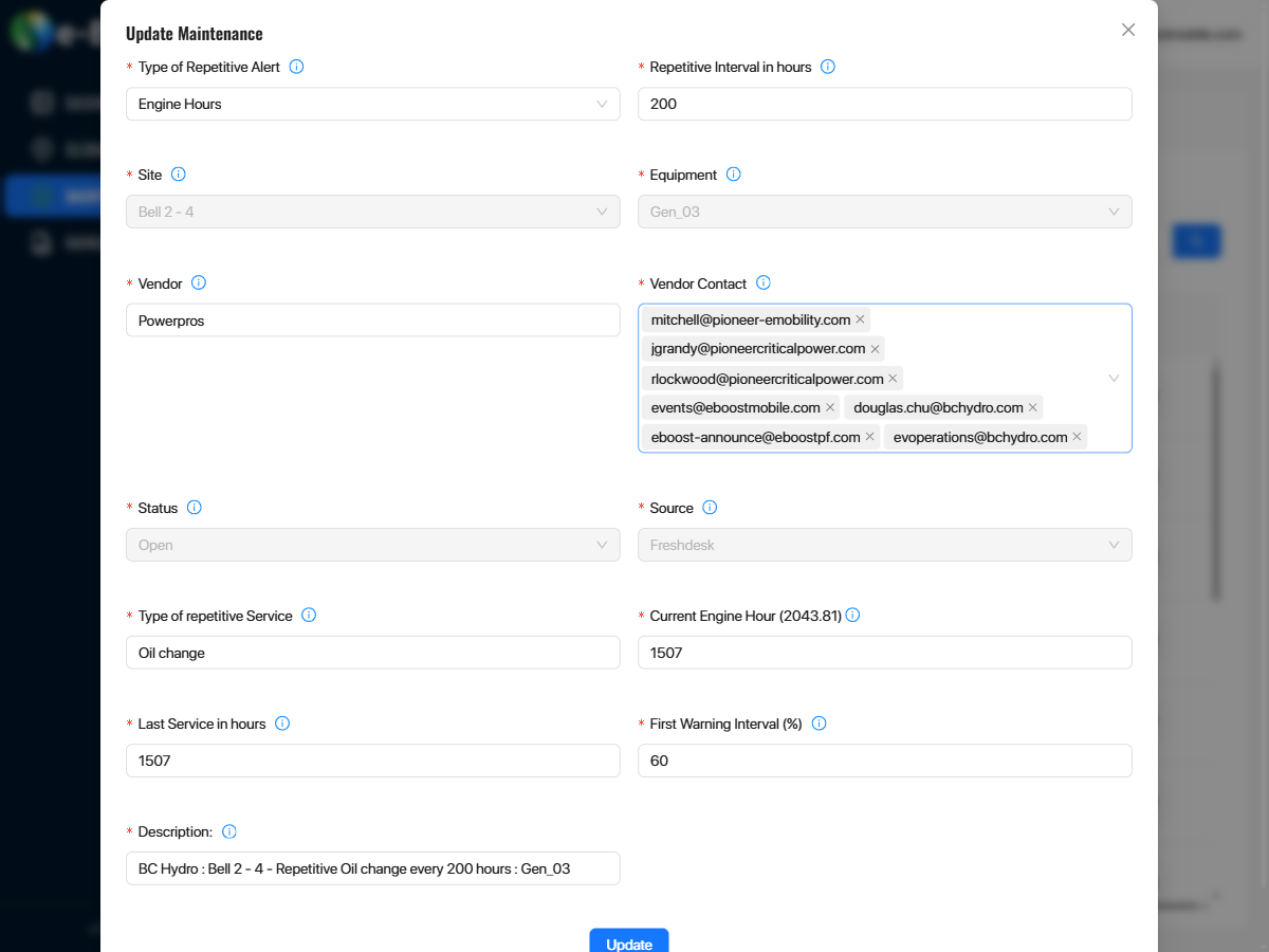 Update Maintenance dialog showing fields for type, interval, site, equipment, vendor, contacts, status, source, service type, engine hours, and description