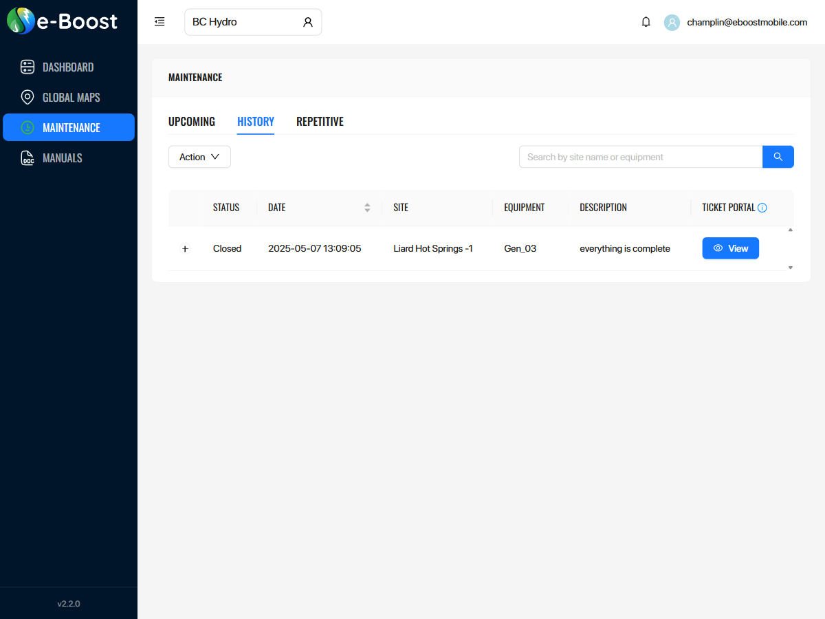 Maintenance History tab showing completed maintenance tickets with status, date, site, equipment, description, and ticket portal columns